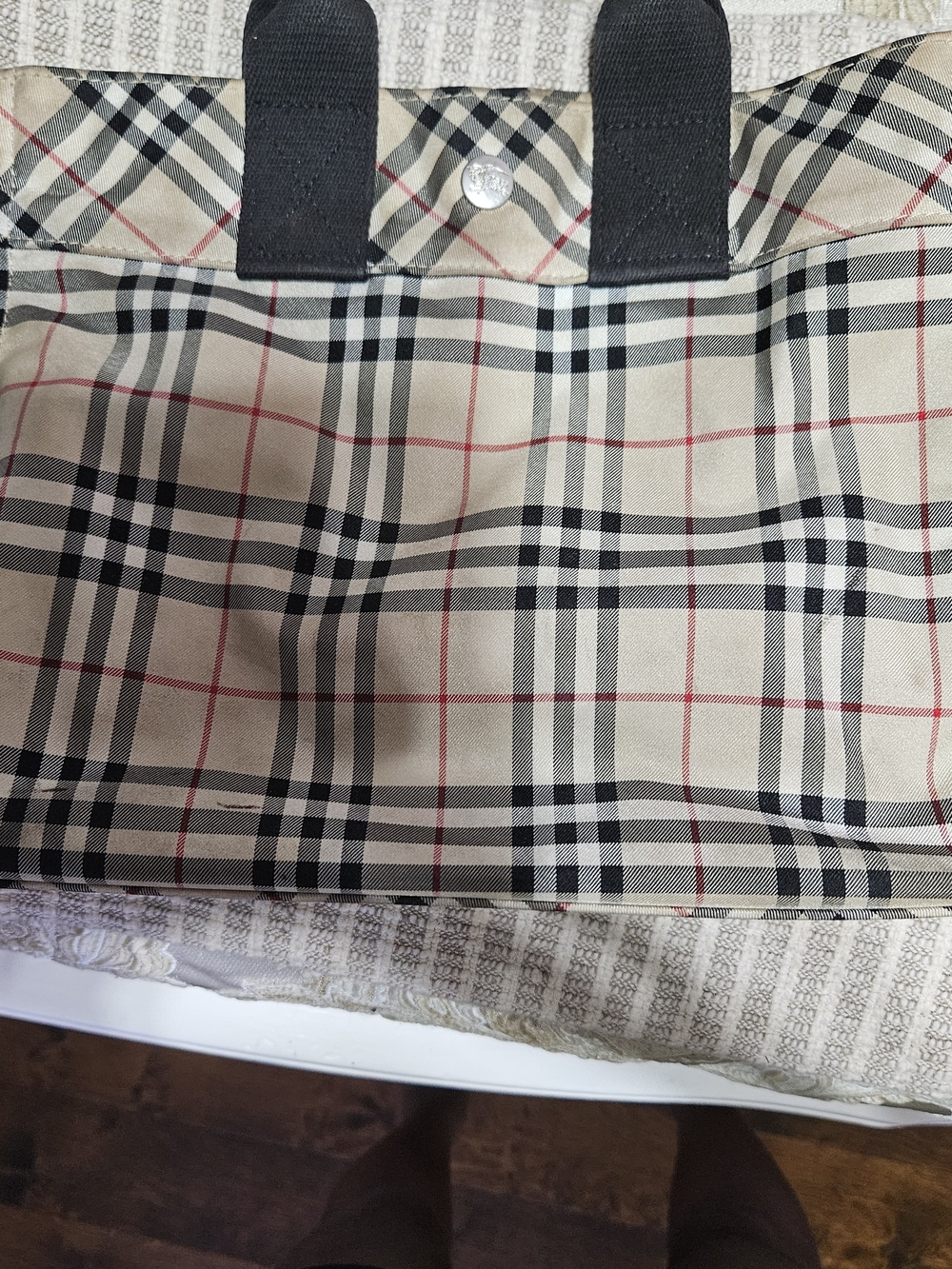 Beige Plaid Tote with Black Straps